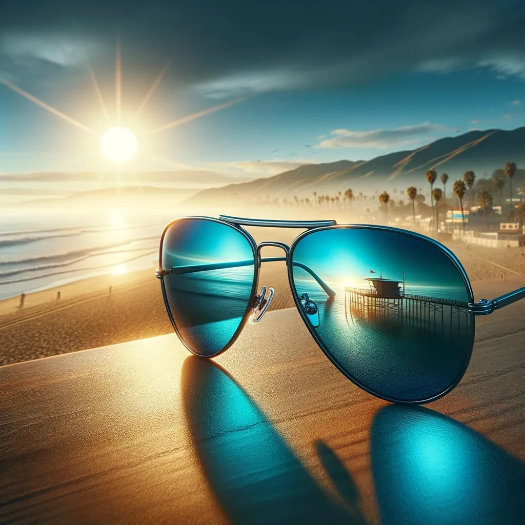 The classic aviator sunglasses, characterized by their cobalt blue and teal polarized lens gradient, are displayed on a sun-kissed California beach. The absence of reflections on the lenses emphasizes their unique color gradient. In the background, the vivid blue sun rises over a scenic boardwalk with the silhouette of California mountains, providing a breathtaking backdrop. The setting captures the sophistication of the sunglasses while celebrating the natural beauty of the California coast.