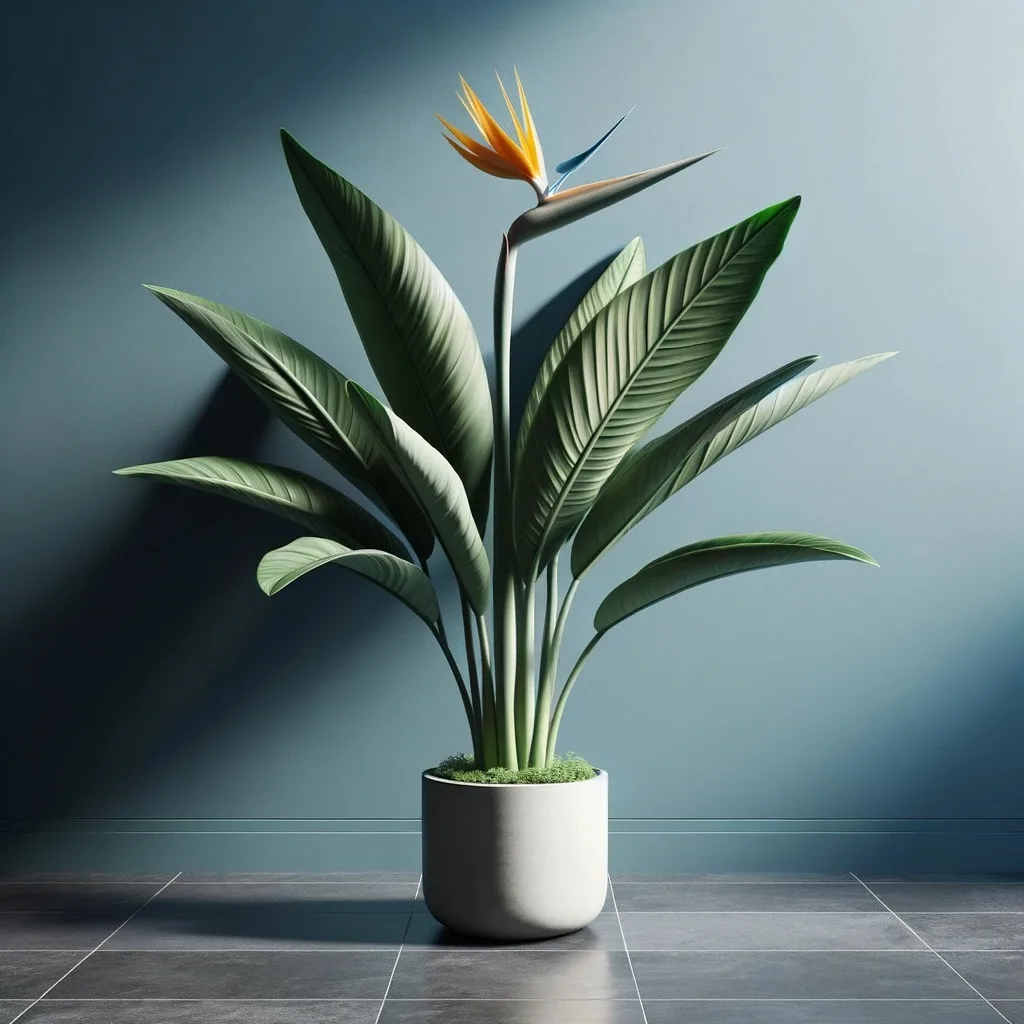 The Bird Of Paradise house plant, with its iconic broad, flat leaves, is presented in a modern light blue pot. It's positioned in a contemporary room with slate gray floors and plain blue walls, creating a minimalist aesthetic. Without any distractions, the Bird Of Paradise stands out as the primary focal point, exuding its natural beauty in the modern setting.