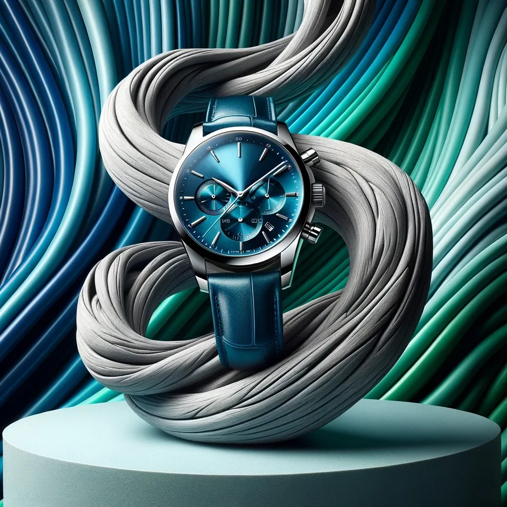 The luxury 'OPTIMIX' watch, with its blue leather strap and exquisite teal finish, is showcased to perfection. It rests gracefully on a sculpture of intertwined gray driftwood, emphasizing its elegance and design. The backdrop, transitioning from royal blue to green turquoise, further accentuates the watch's prestige and magnificence.