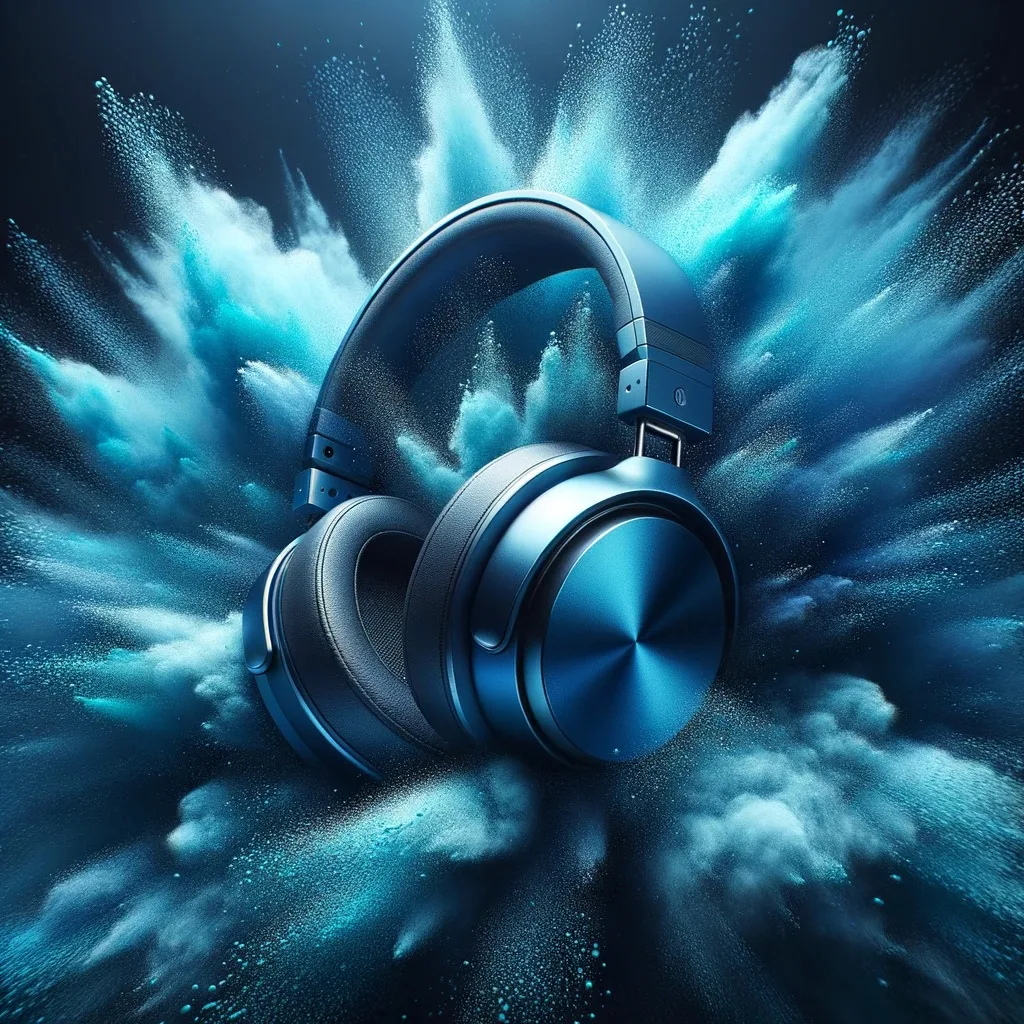 The "Optimix" closed-ear headphones, crafted from cobalt blue aluminum, are presented with precision and elegance. They are juxtaposed against a striking background that captures the essence of a dynamic explosion of fine dust particles, radiating outwards in mesmerizing shades of blue and teal. This dreamlike and intense backdrop accentuates the modern design of the headphones and amplifies the uniqueness of the "Optimix" brand.
