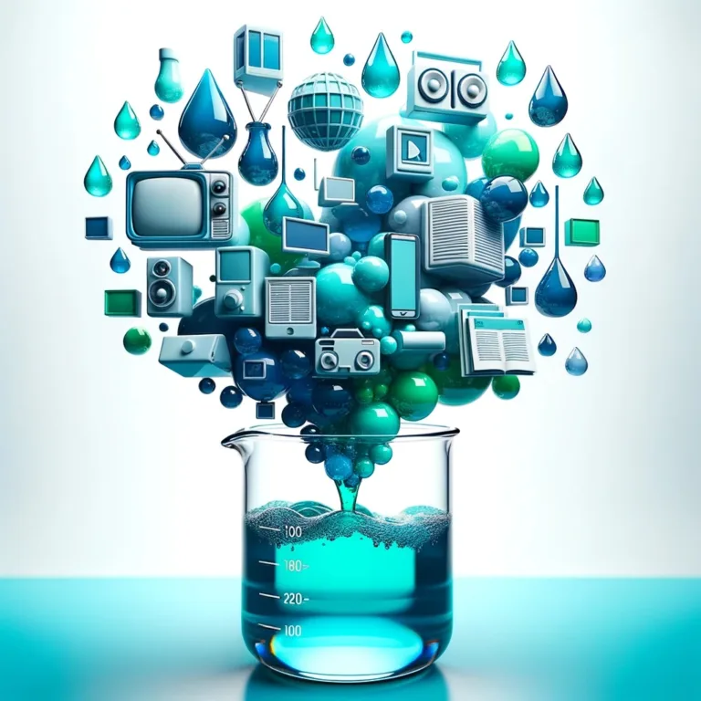 A clear glass beaker filled with harmonious shades of blue, green, and teal liquids, each symbolizing different media channels. Above the beaker, 3D icons of media devices, rendered in the same color palette, float and contribute their distinct colored liquids, emphasizing the synergy and integration of the media channels. The overall composition radiates a cool and cohesive mood.