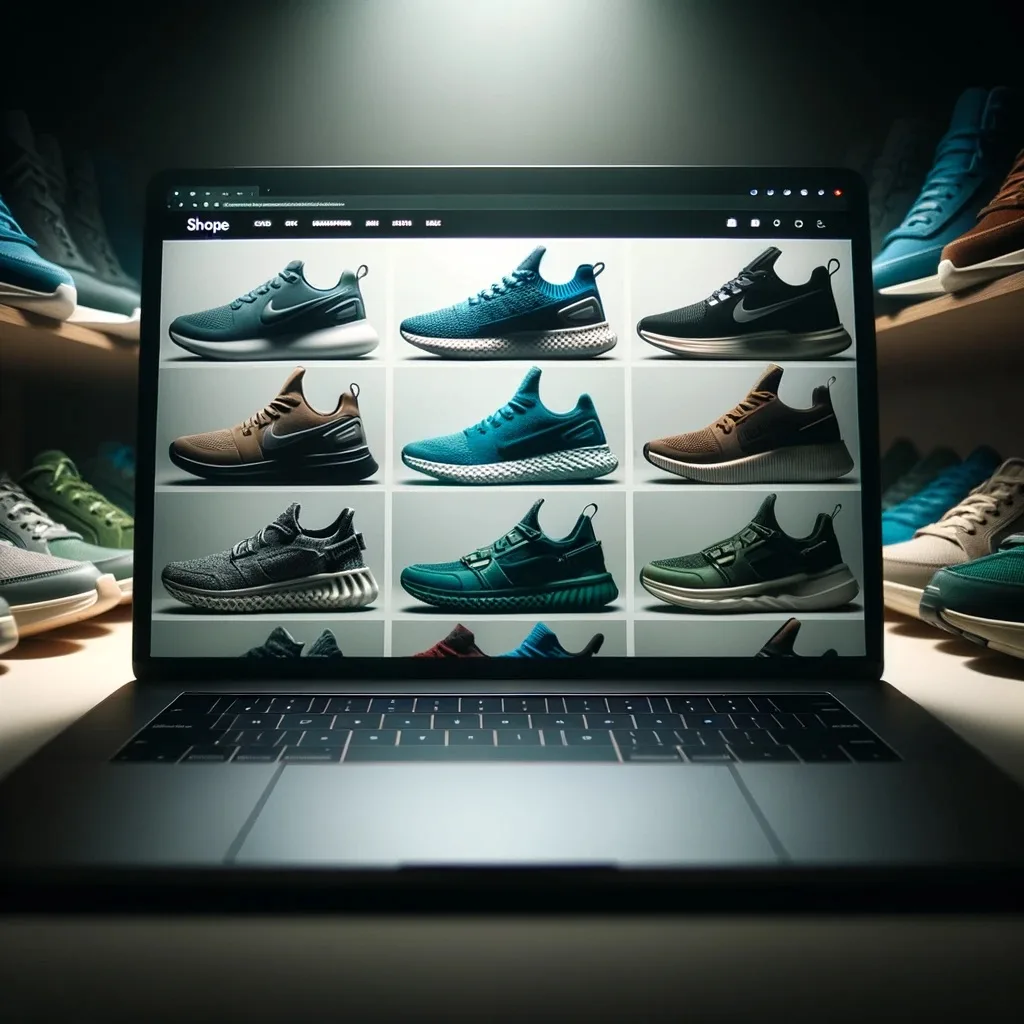 The laptop screen takes center stage, displaying an ecommerce store filled with a variety of running shoes, hiking shoes, and casual sneakers, all in shades of blue, green, and teal. The low key lighting ensures that the laptop screen remains the primary focus, while the soft illumination emphasizes the vibrant colors and details of the shoes. The atmosphere is contemporary, portraying a modern online shopping experience.