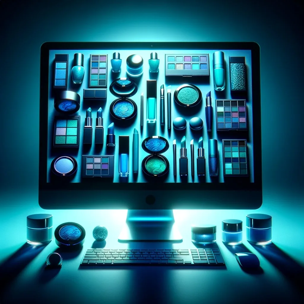 The 32" wide computer monitor takes center stage, displaying an ecommerce store filled with a range of makeup products in hues of blue, green, and teal. Every product on the screen is distinctly non-branded, ensuring a focus on the products without any logos or recognizable marks. The blue key light provides a soft, ambient illumination that complements the color palette of the products, setting a contemporary and stylish online shopping mood.