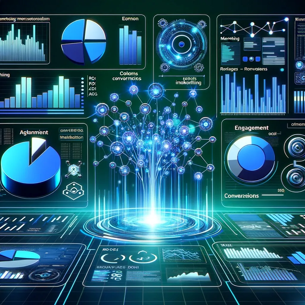 an illustration of a futuristic marketing dashboard. This visual captures the essence of how AI dives deep into metrics, streamlining and enhancing the decision-making process for marketers. The presence of terms like 'ROI', 'Engagement', and 'Conversions' underscores the significance of data-driven insights in today's marketing world.