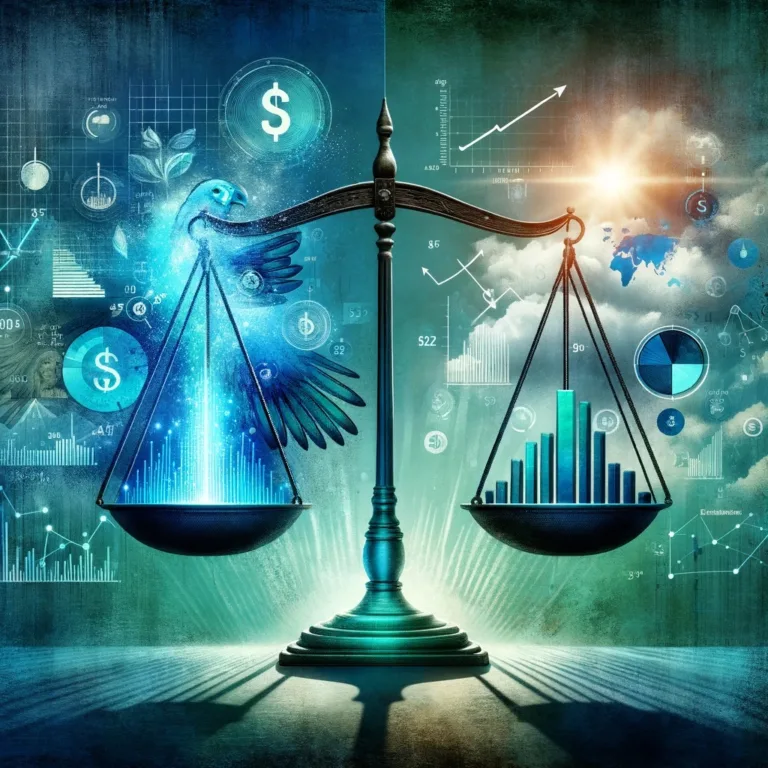 An antique balance scale is centered in the image, symbolizing strategic planning. On the left scale, a translucent dove with outstretched wings is infused with dollar signs, representing a harmonious blend of peace and prosperity in the marketing plan for 2024. The right scale holds a detailed array of financial charts, growth graphs, and data analytics, illustrating the marketing efficiency ratio.