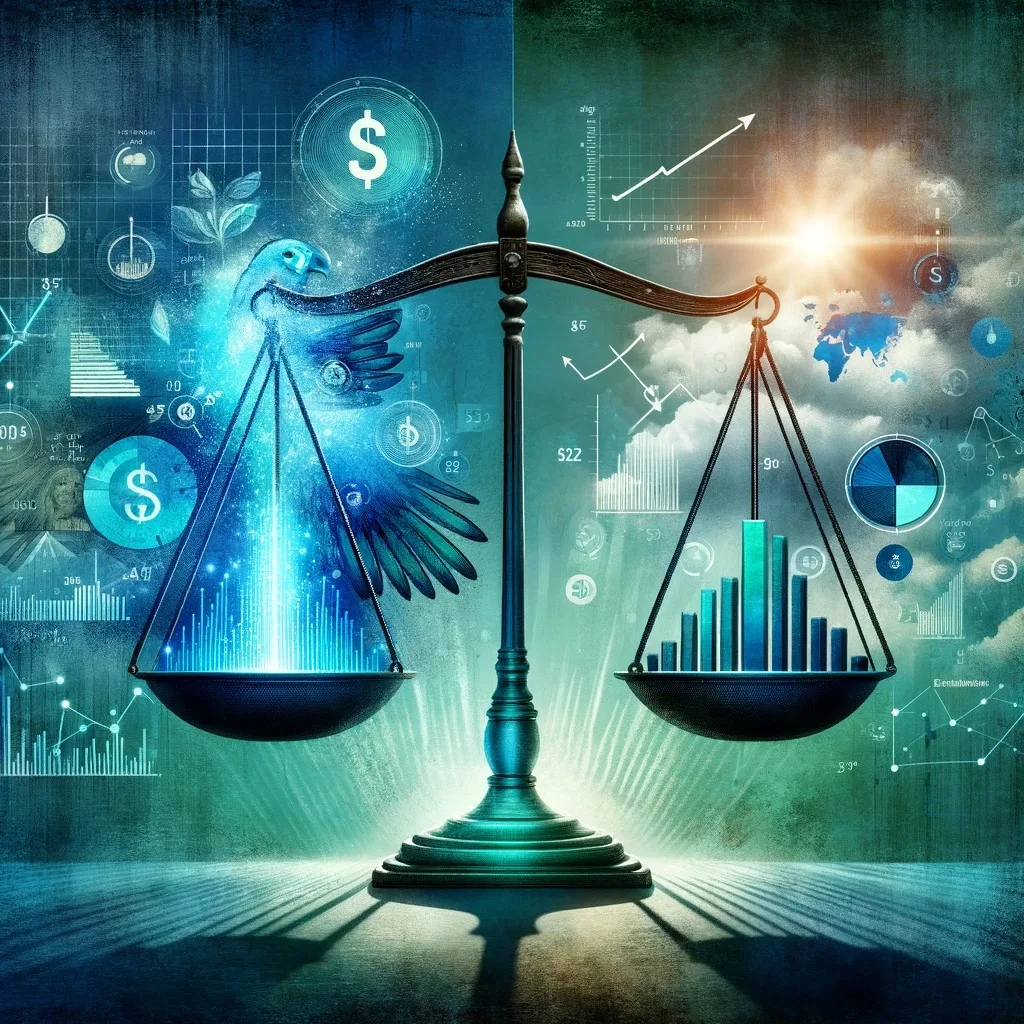 An antique balance scale is centered in the image, symbolizing strategic planning. On the left scale, a translucent dove with outstretched wings is infused with dollar signs, representing a harmonious blend of peace and prosperity in the marketing plan for 2024. The right scale holds a detailed array of financial charts, growth graphs, and data analytics, illustrating the marketing efficiency ratio.