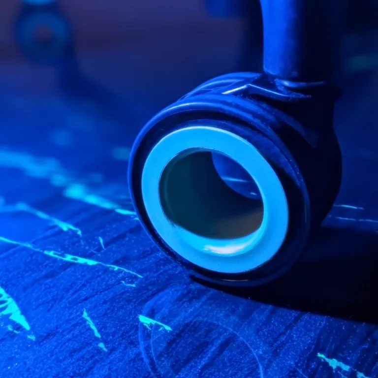 A close-up view of a hubless office chair wheel on a textured surface, illuminated by blue lighting that accentuates its sleek design, ideal for e-commerce merchandising.
